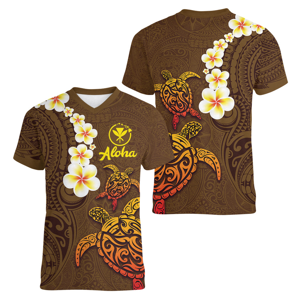 Hawaii Turtle Plumeria Flower Women V-Neck T-Shirt Polynesian Pattern Brown Color