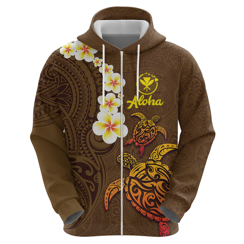 Hawaii Turtle Plumeria Flower Zip Hoodie Polynesian Pattern Brown Color