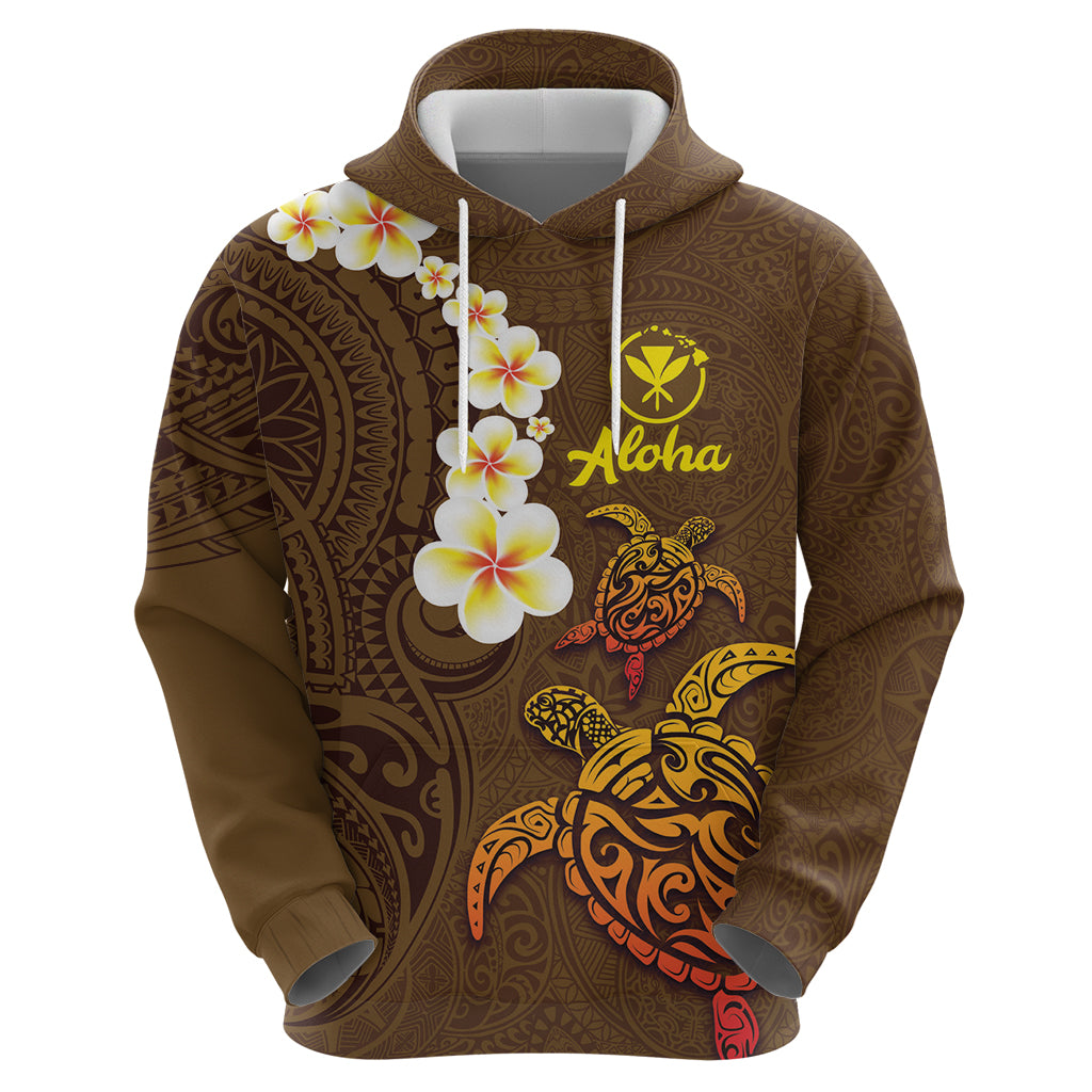 Hawaii Turtle Plumeria Flower Zip Hoodie Polynesian Pattern Brown Color