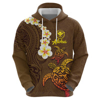 Hawaii Turtle Plumeria Flower Zip Hoodie Polynesian Pattern Brown Color