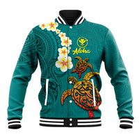 Hawaii Turtle Plumeria Flower Baseball Jacket Polynesian Pattern Turquoise Color