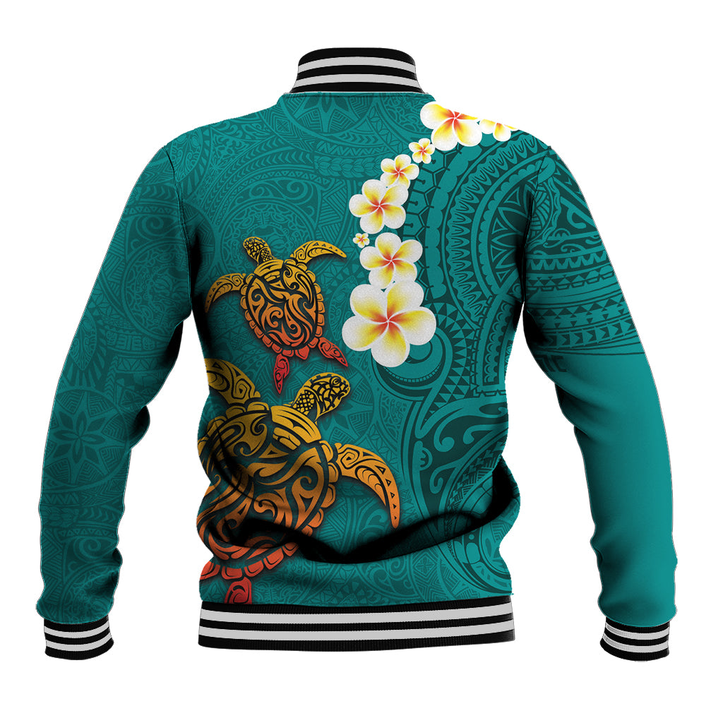 Hawaii Turtle Plumeria Flower Baseball Jacket Polynesian Pattern Turquoise Color