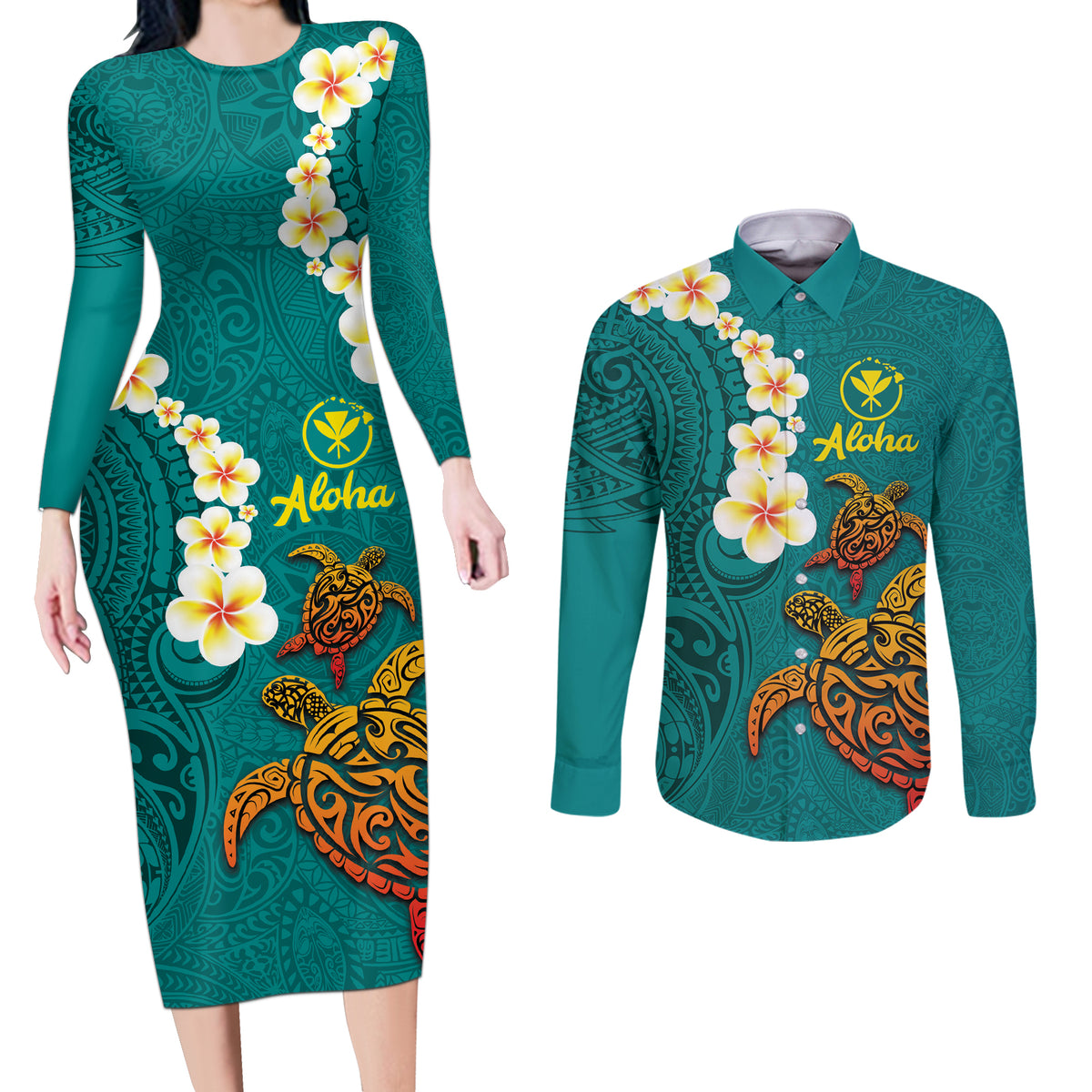 Hawaii Turtle Plumeria Flower Couples Matching Long Sleeve Bodycon Dress and Long Sleeve Button Shirt Polynesian Pattern Turquoise Color