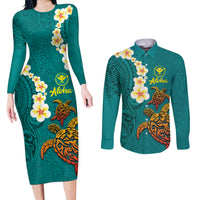 Hawaii Turtle Plumeria Flower Couples Matching Long Sleeve Bodycon Dress and Long Sleeve Button Shirt Polynesian Pattern Turquoise Color