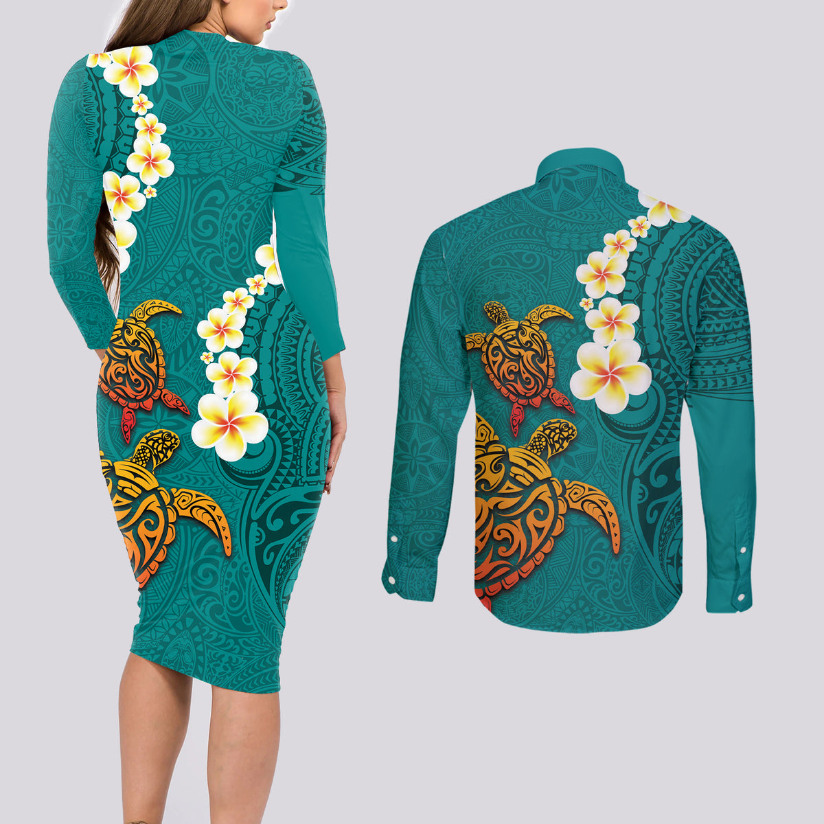 Hawaii Turtle Plumeria Flower Couples Matching Long Sleeve Bodycon Dress and Long Sleeve Button Shirt Polynesian Pattern Turquoise Color