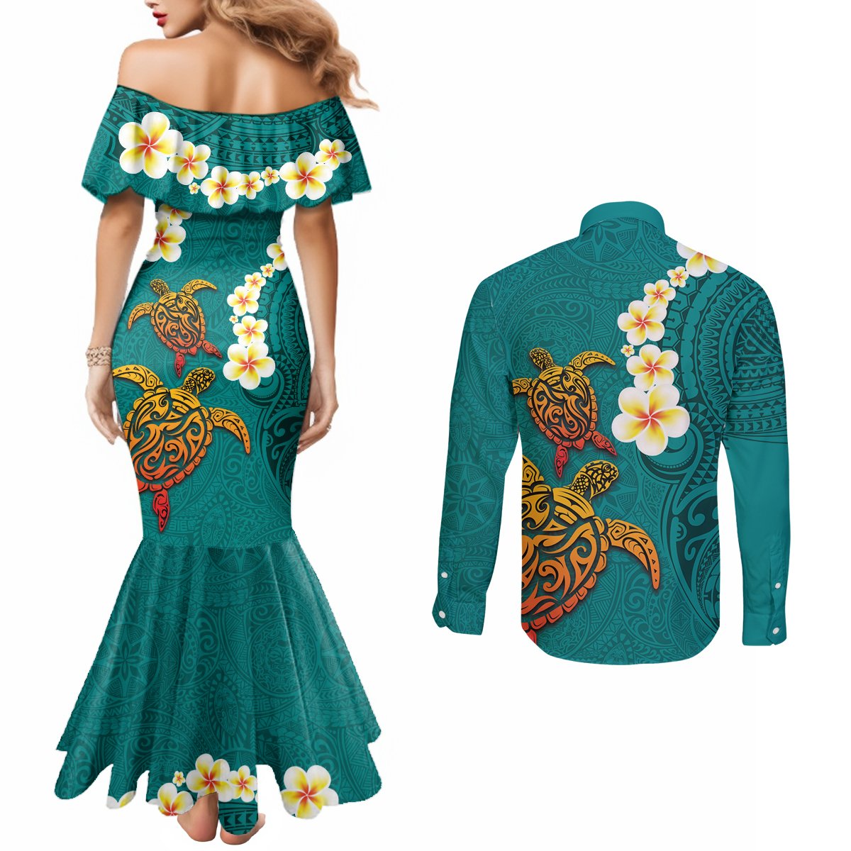 Hawaii Turtle Plumeria Flower Couples Matching Mermaid Dress and Long Sleeve Button Shirt Polynesian Pattern Turquoise Color