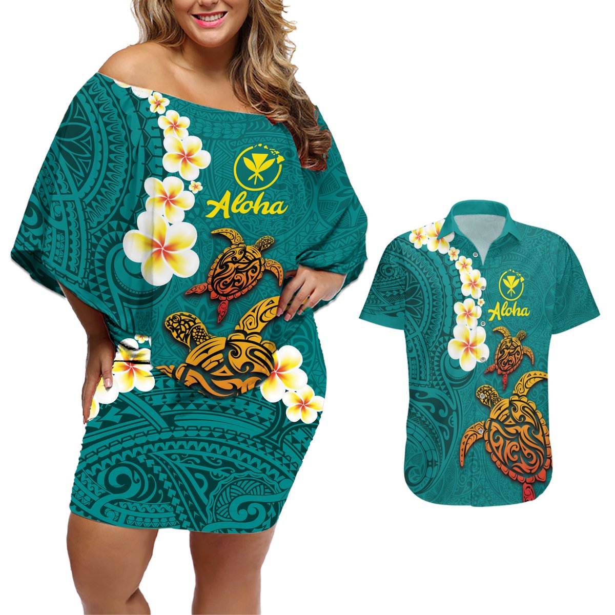 Hawaii Turtle Plumeria Flower Couples Matching Off Shoulder Short Dress and Hawaiian Shirt Polynesian Pattern Turquoise Color