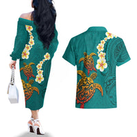 Hawaii Turtle Plumeria Flower Couples Matching Off The Shoulder Long Sleeve Dress and Hawaiian Shirt Polynesian Pattern Turquoise Color