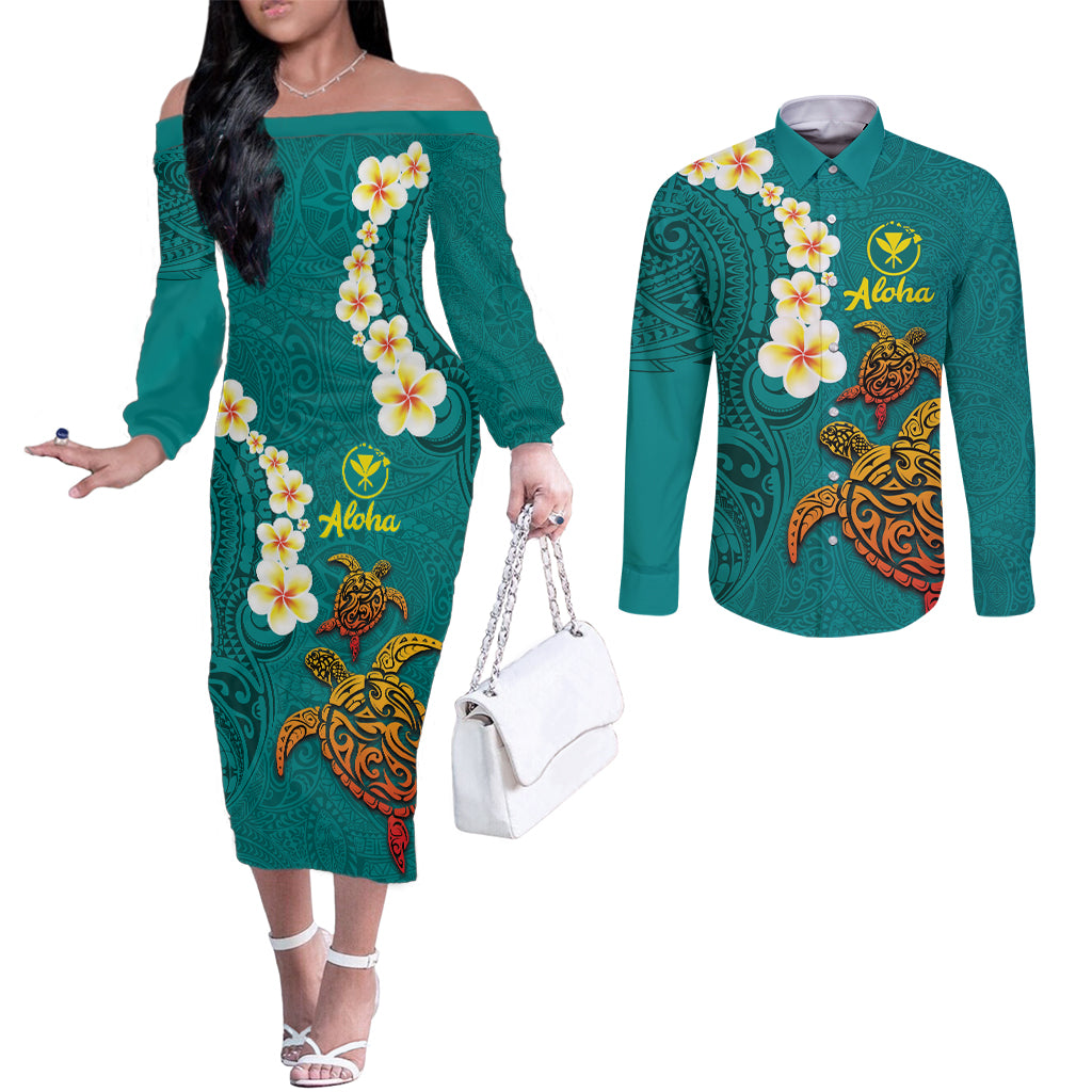 Hawaii Turtle Plumeria Flower Couples Matching Off The Shoulder Long Sleeve Dress and Long Sleeve Button Shirt Polynesian Pattern Turquoise Color LT03 Turquoise - Polynesian Pride