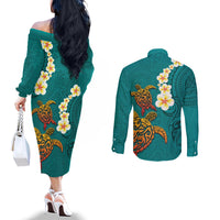 Hawaii Turtle Plumeria Flower Couples Matching Off The Shoulder Long Sleeve Dress and Long Sleeve Button Shirt Polynesian Pattern Turquoise Color LT03 - Polynesian Pride