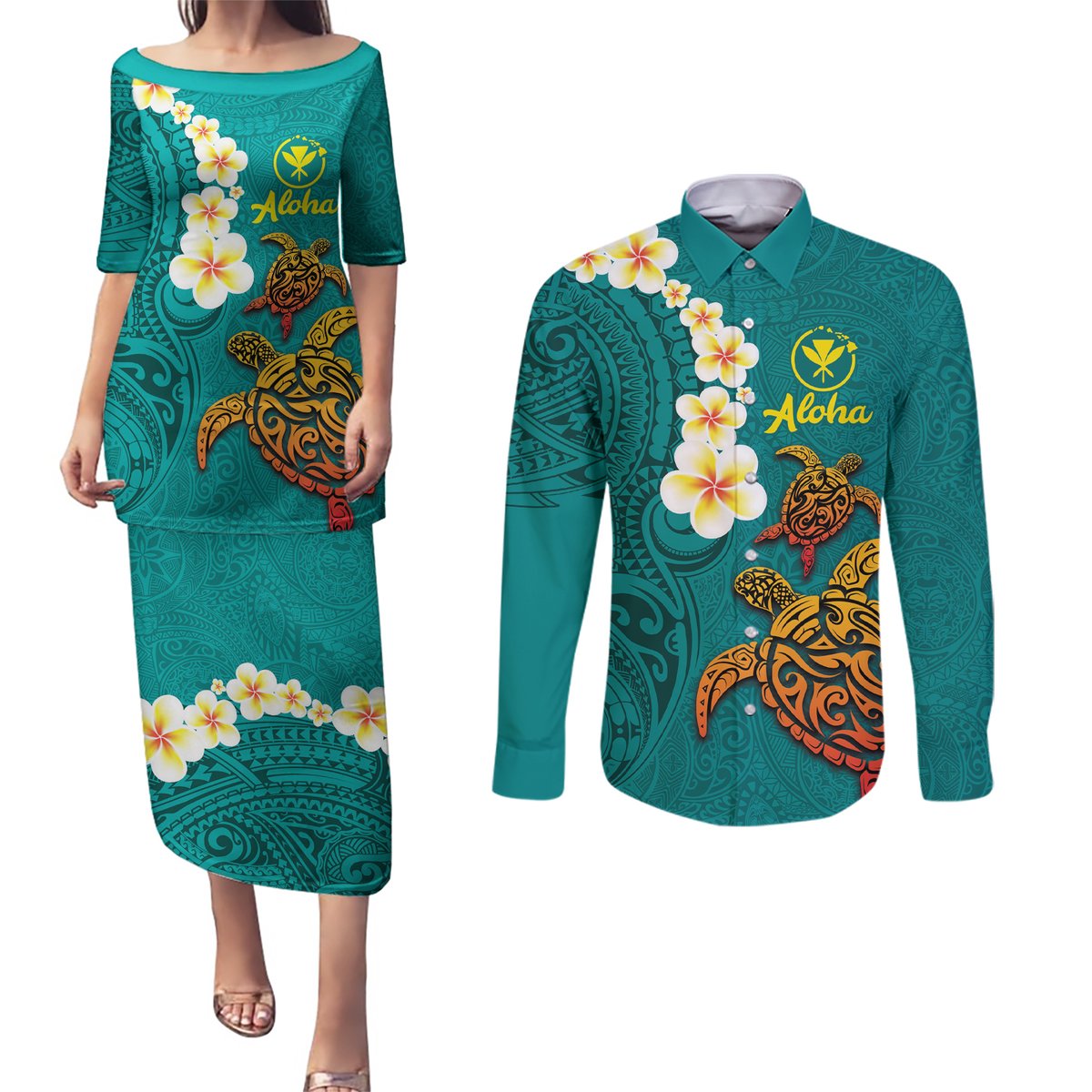 Hawaii Turtle Plumeria Flower Couples Matching Puletasi and Long Sleeve Button Shirt Polynesian Pattern Turquoise Color LT03 Turquoise - Polynesian Pride