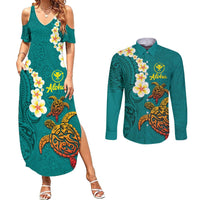 Hawaii Turtle Plumeria Flower Couples Matching Summer Maxi Dress and Long Sleeve Button Shirt Polynesian Pattern Turquoise Color