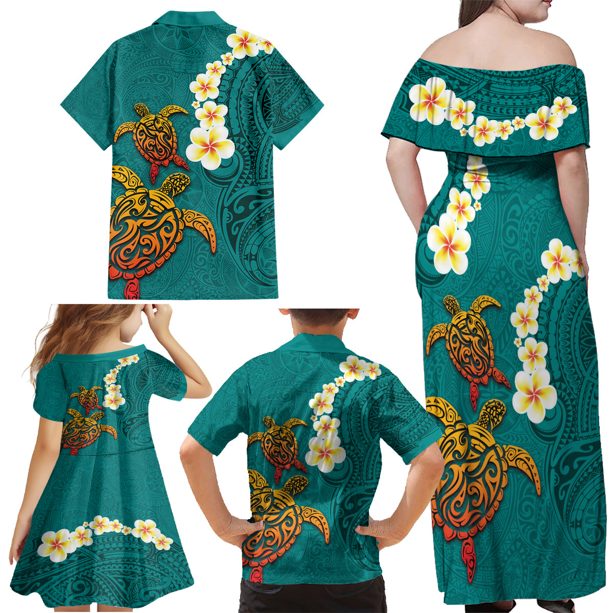 Hawaii Turtle Plumeria Flower Family Matching Off Shoulder Maxi Dress and Hawaiian Shirt Polynesian Pattern Turquoise Color