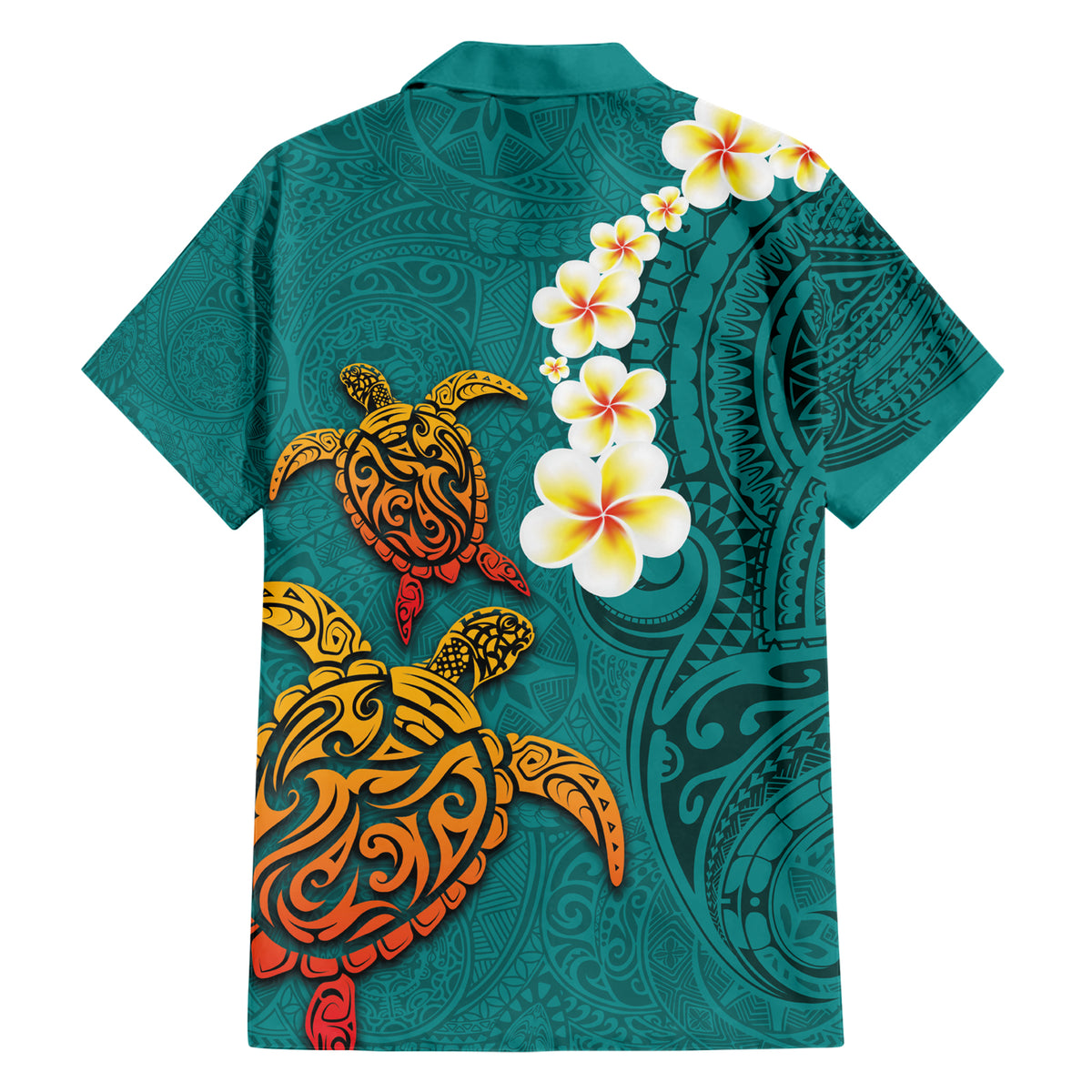 Hawaii Turtle Plumeria Flower Family Matching Short Sleeve Bodycon Dress and Hawaiian Shirt Polynesian Pattern Turquoise Color