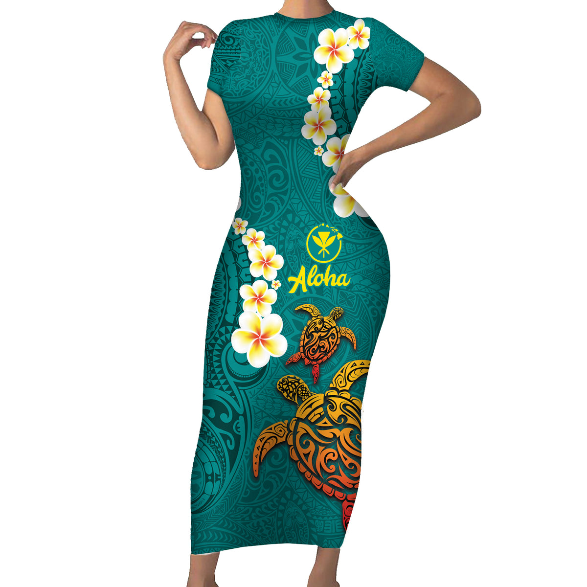 Hawaii Turtle Plumeria Flower Family Matching Short Sleeve Bodycon Dress and Hawaiian Shirt Polynesian Pattern Turquoise Color