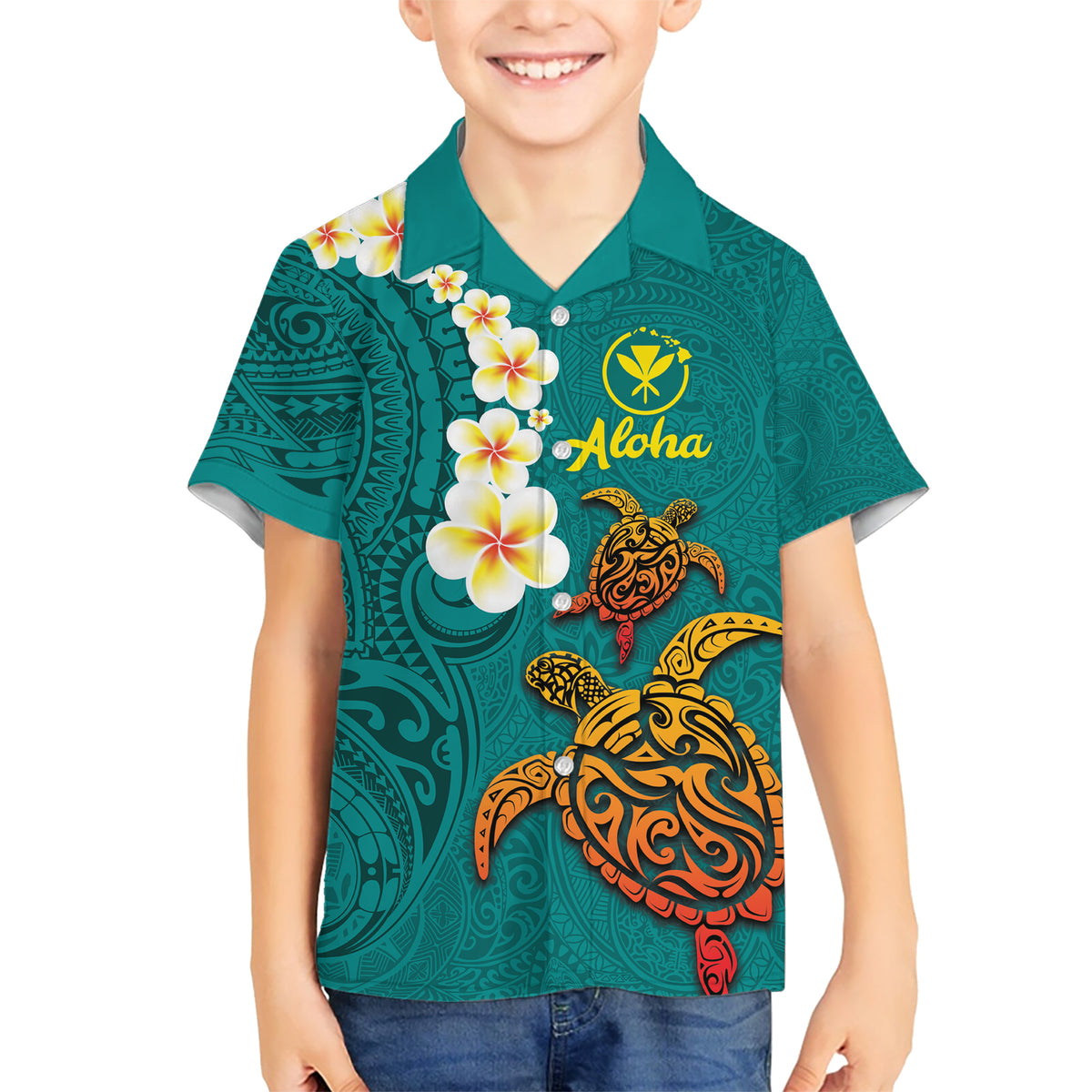 Hawaii Turtle Plumeria Flower Kid Hawaiian Shirt Polynesian Pattern Turquoise Color