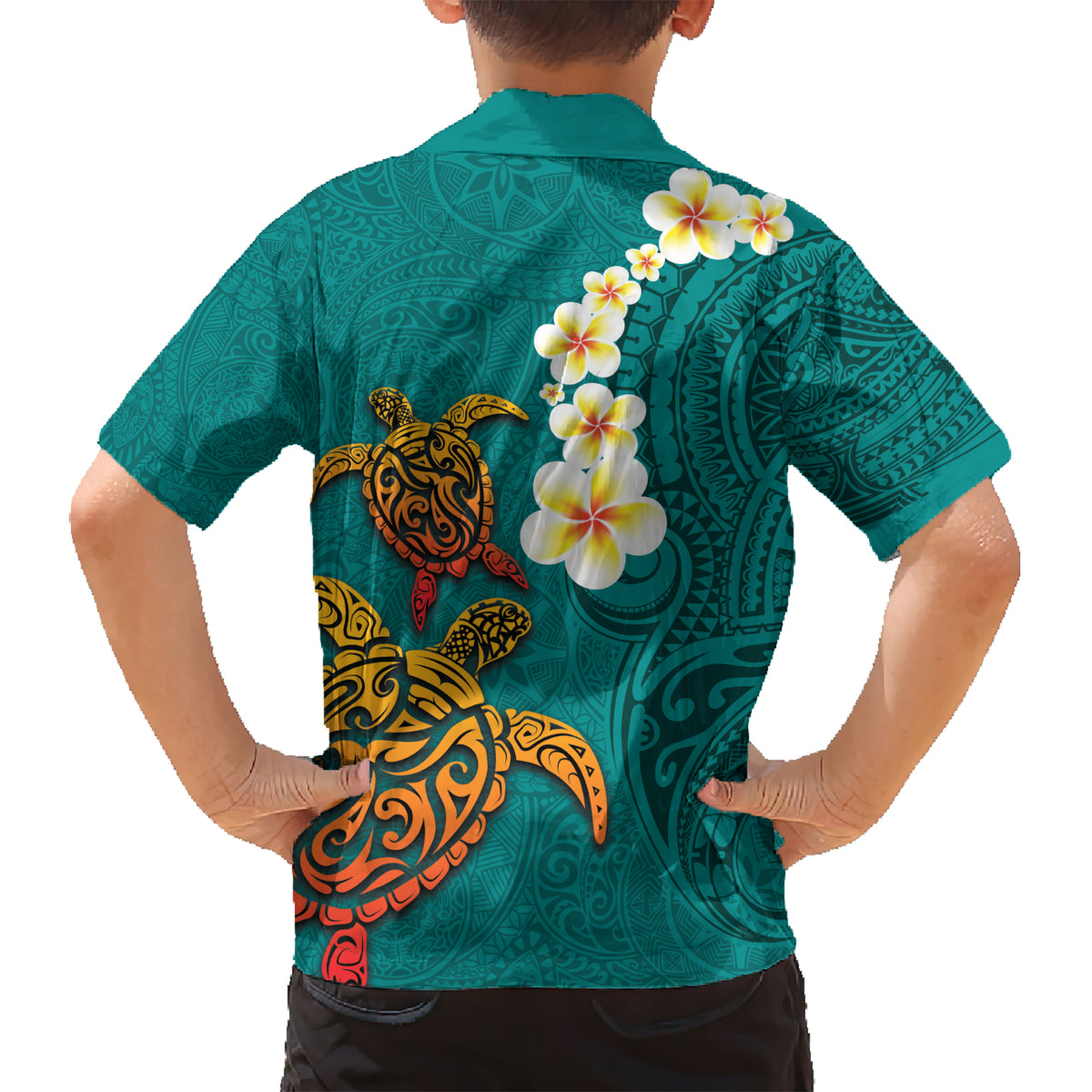 Hawaii Turtle Plumeria Flower Kid Hawaiian Shirt Polynesian Pattern Turquoise Color