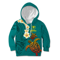 Hawaii Turtle Plumeria Flower Kid Hoodie Polynesian Pattern Turquoise Color