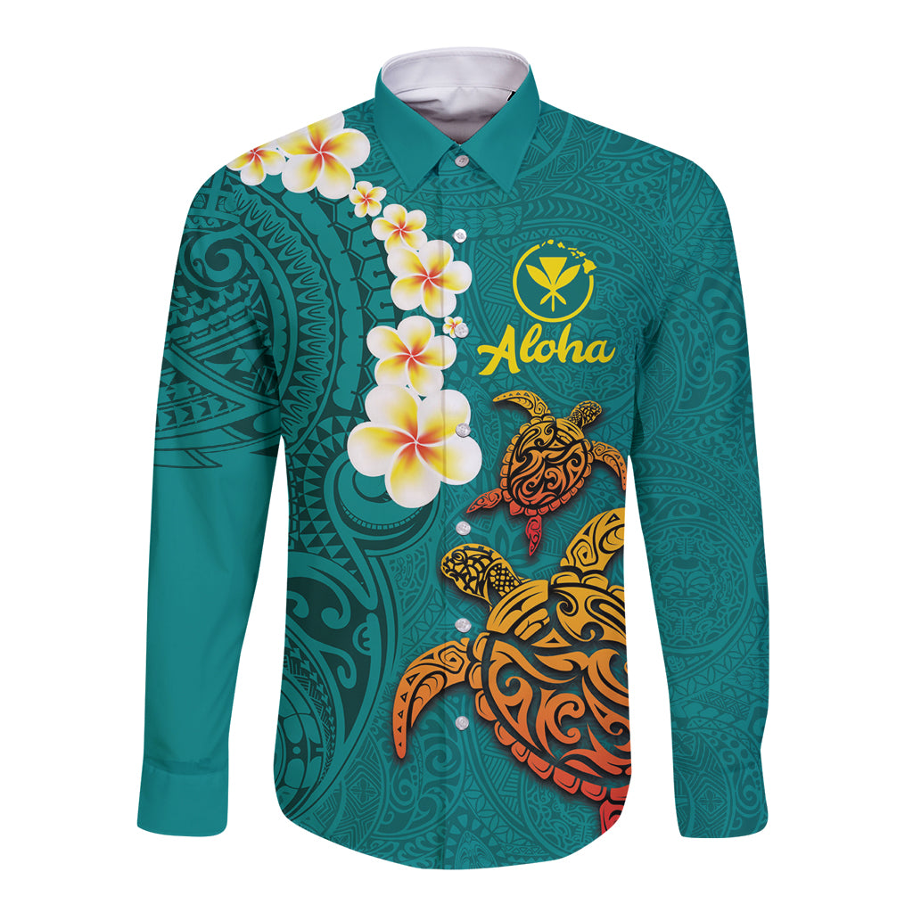 Hawaii Turtle Plumeria Flower Long Sleeve Button Shirt Polynesian Pattern Turquoise Color