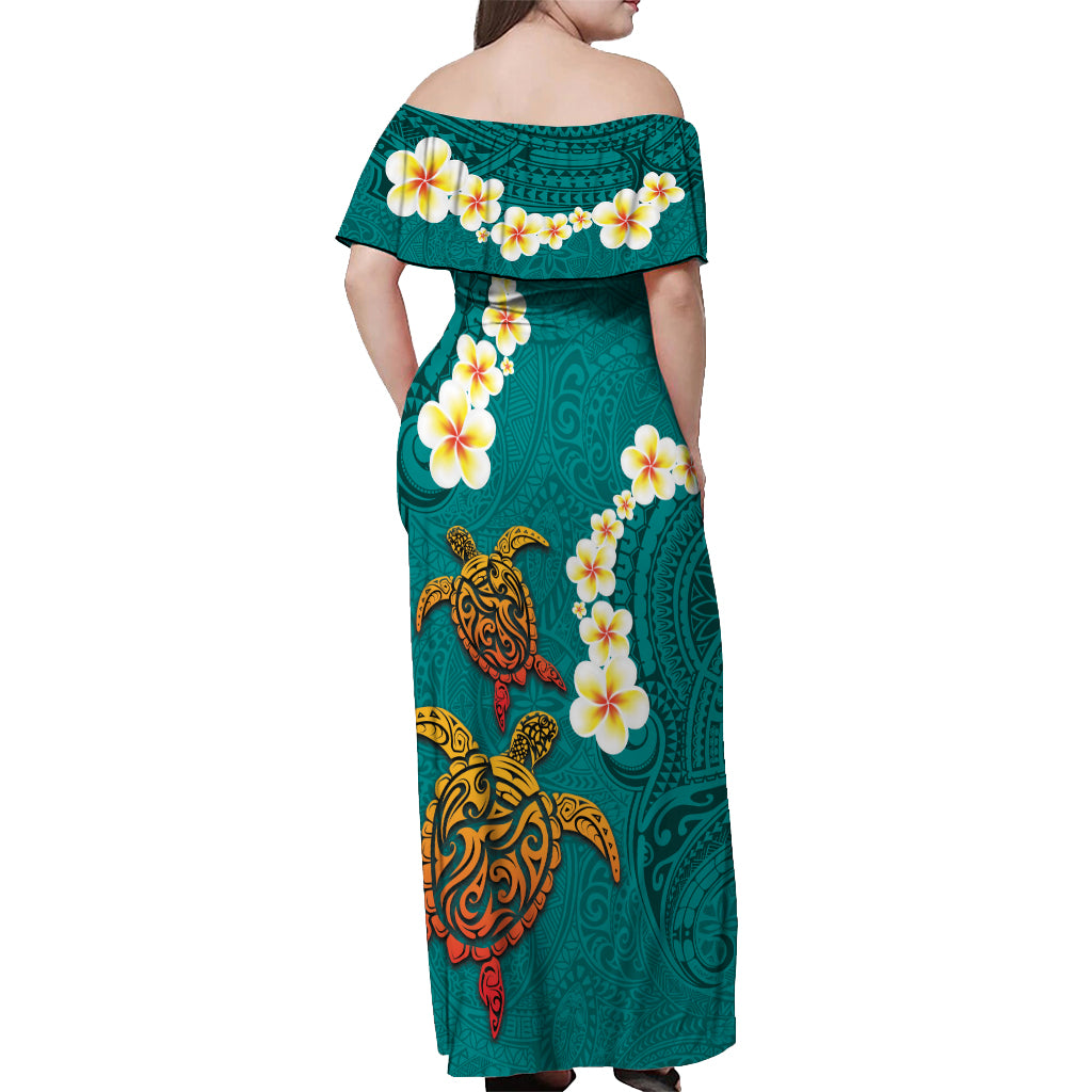 Hawaii Turtle Plumeria Flower Off Shoulder Maxi Dress Polynesian Pattern Turquoise Color