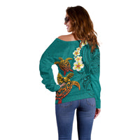 Hawaii Turtle Plumeria Flower Off Shoulder Sweater Polynesian Pattern Turquoise Color