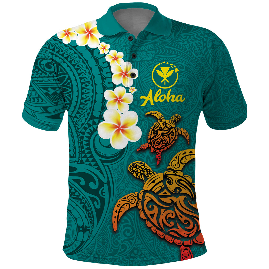 Hawaii Turtle Plumeria Flower Polo Shirt Polynesian Pattern Turquoise Color