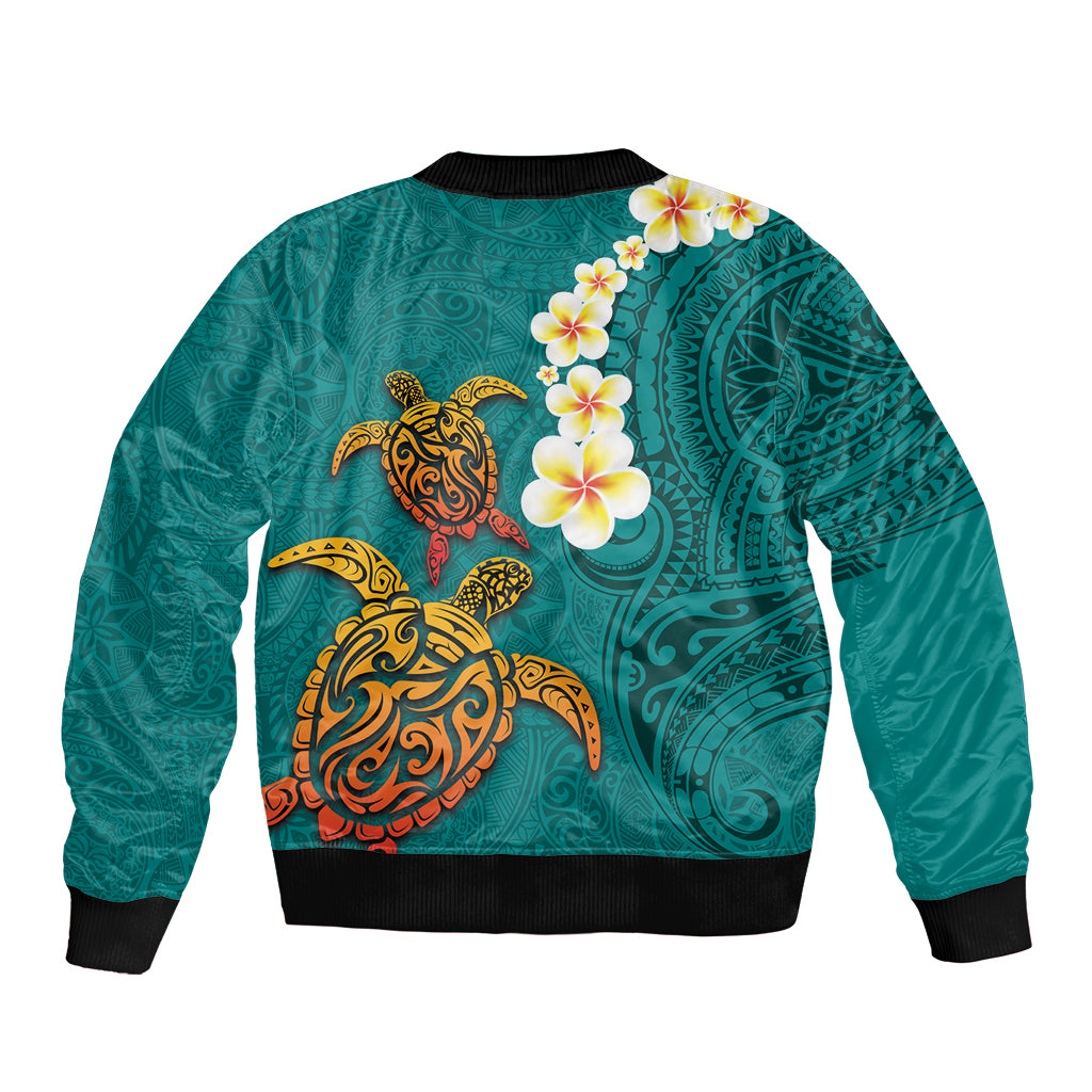 Hawaii Turtle Plumeria Flower Sleeve Zip Bomber Jacket Polynesian Pattern Turquoise Color