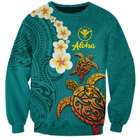 Hawaii Turtle Plumeria Flower Sweatshirt Polynesian Pattern Turquoise Color