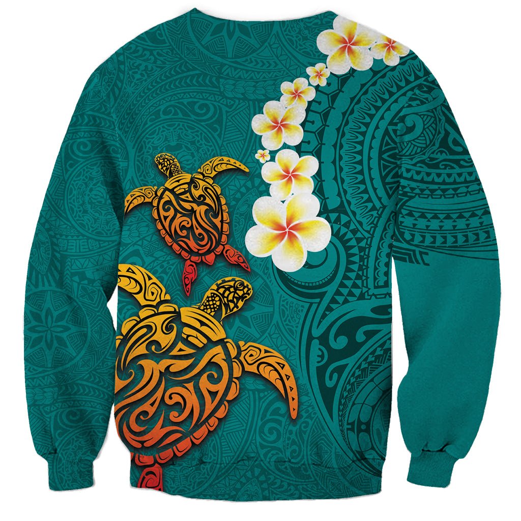 Hawaii Turtle Plumeria Flower Sweatshirt Polynesian Pattern Turquoise Color