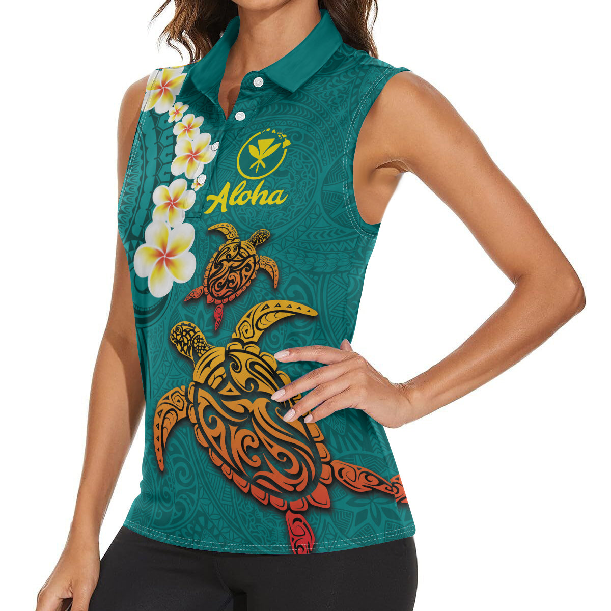Hawaii Turtle Plumeria Flower Women Sleeveless Polo Shirt Polynesian Pattern Turquoise Color
