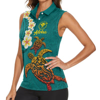 Hawaii Turtle Plumeria Flower Women Sleeveless Polo Shirt Polynesian Pattern Turquoise Color