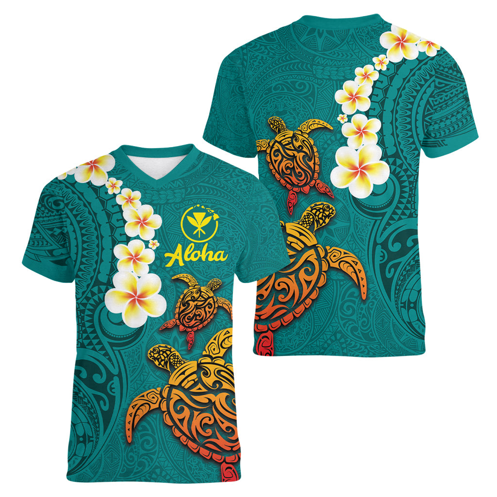 Hawaii Turtle Plumeria Flower Women V-Neck T-Shirt Polynesian Pattern Turquoise Color