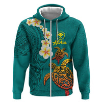 Hawaii Turtle Plumeria Flower Zip Hoodie Polynesian Pattern Turquoise Color