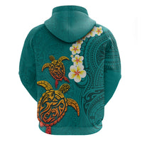 Hawaii Turtle Plumeria Flower Zip Hoodie Polynesian Pattern Turquoise Color