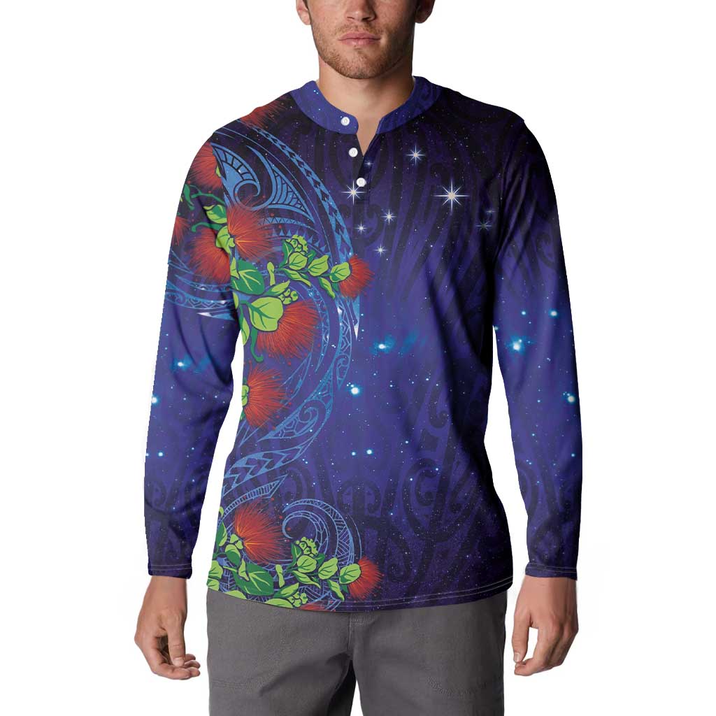 Matariki New Zealand Maori and Pohutukawa Button Sweatshirt Galaxy Blue Sky Style