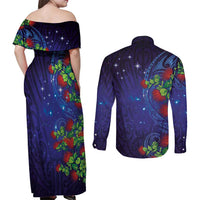 Matariki New Zealand Maori and Pohutukawa Couples Matching Off Shoulder Maxi Dress and Long Sleeve Button Shirt Galaxy Blue Sky Style