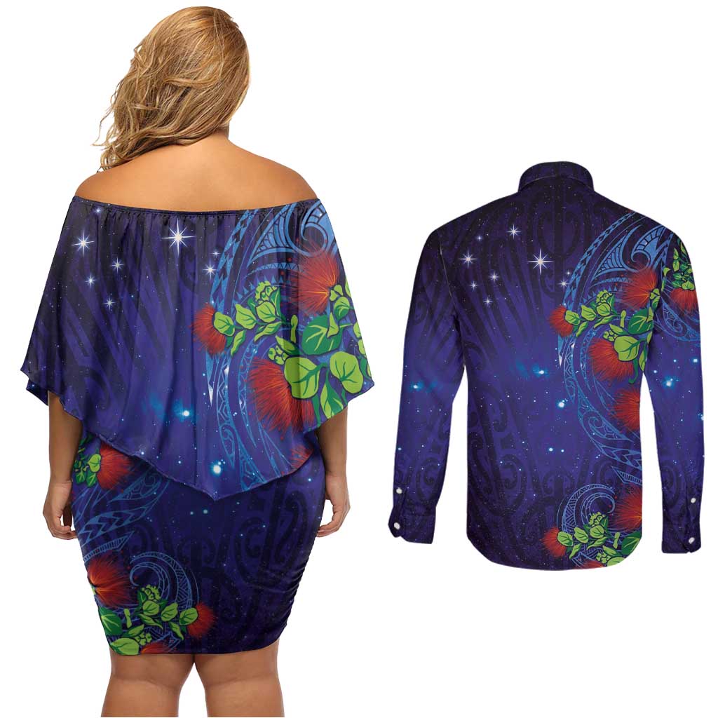 Matariki New Zealand Maori and Pohutukawa Couples Matching Off Shoulder Short Dress and Long Sleeve Button Shirt Galaxy Blue Sky Style