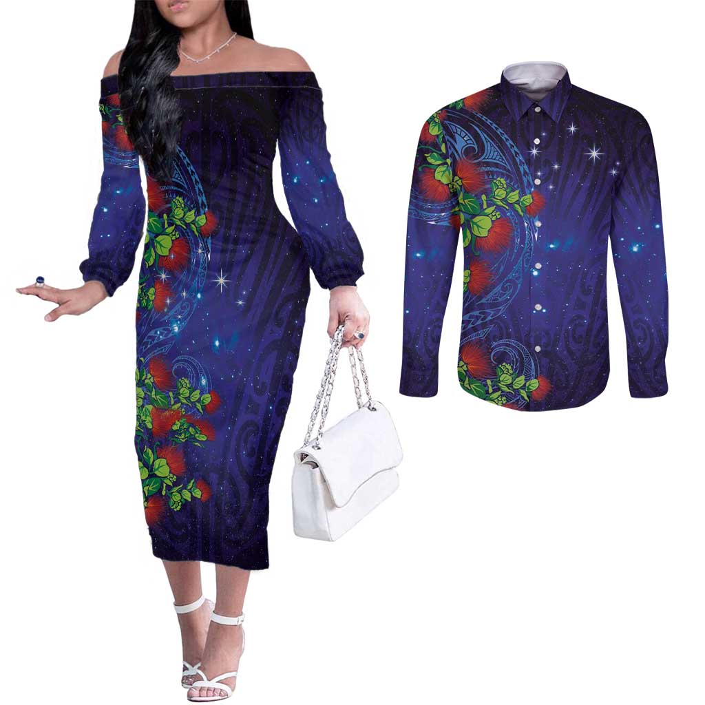 Matariki New Zealand Maori and Pohutukawa Couples Matching Off The Shoulder Long Sleeve Dress and Long Sleeve Button Shirt Galaxy Blue Sky Style