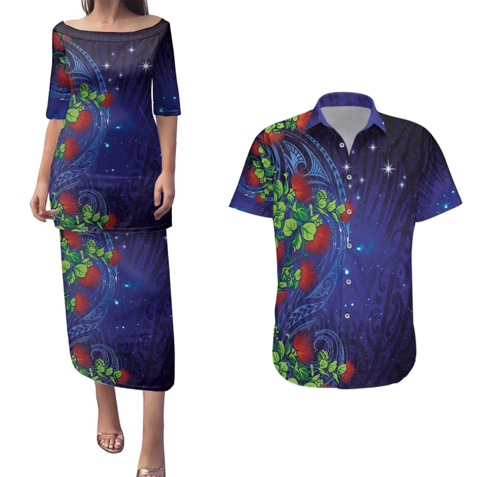 Matariki New Zealand Maori and Pohutukawa Couples Matching Puletasi and Hawaiian Shirt Galaxy Blue Sky Style
