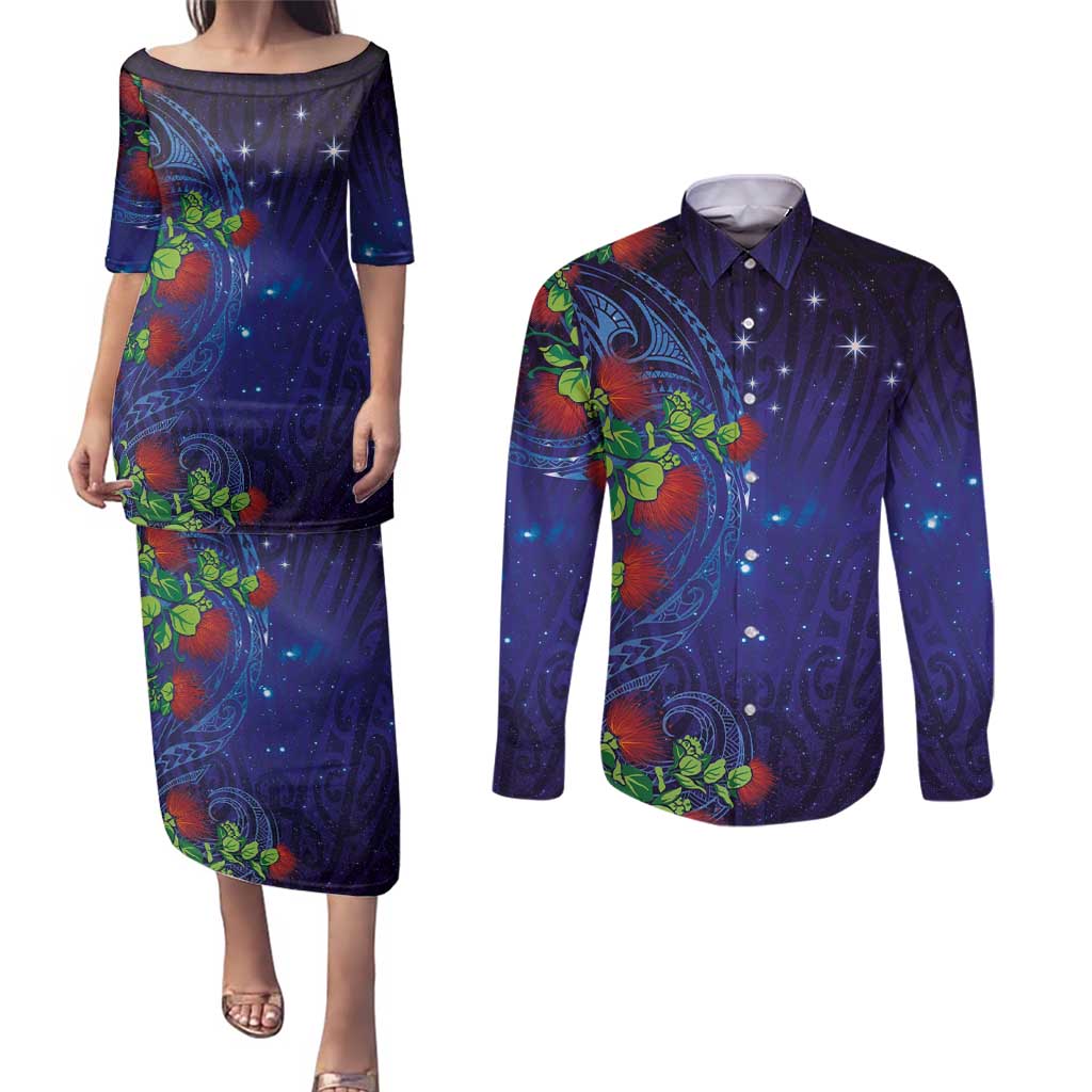 Matariki New Zealand Maori and Pohutukawa Couples Matching Puletasi and Long Sleeve Button Shirt Galaxy Blue Sky Style