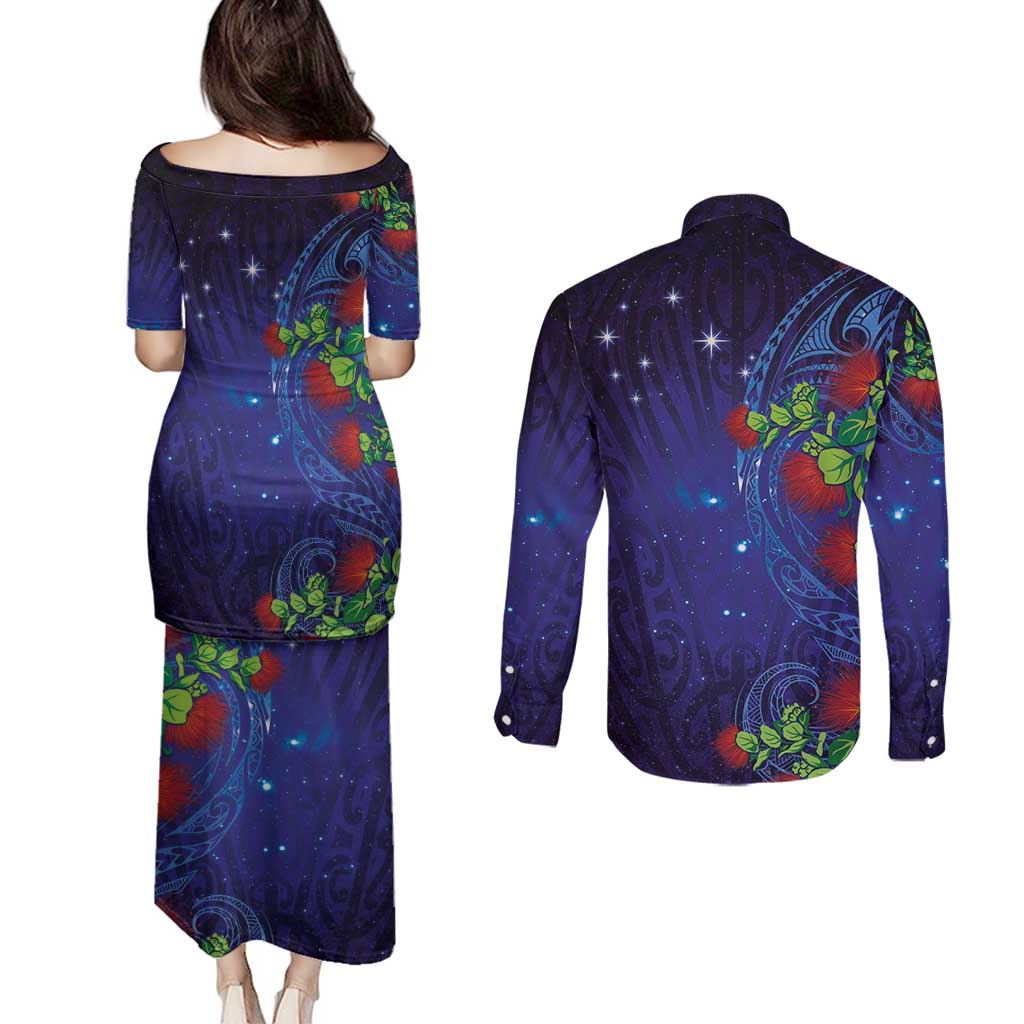 Matariki New Zealand Maori and Pohutukawa Couples Matching Puletasi and Long Sleeve Button Shirt Galaxy Blue Sky Style