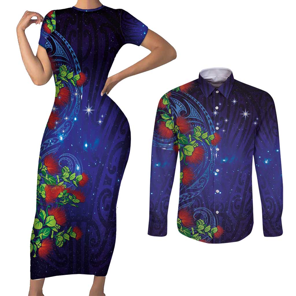 Matariki New Zealand Maori and Pohutukawa Couples Matching Short Sleeve Bodycon Dress and Long Sleeve Button Shirt Galaxy Blue Sky Style