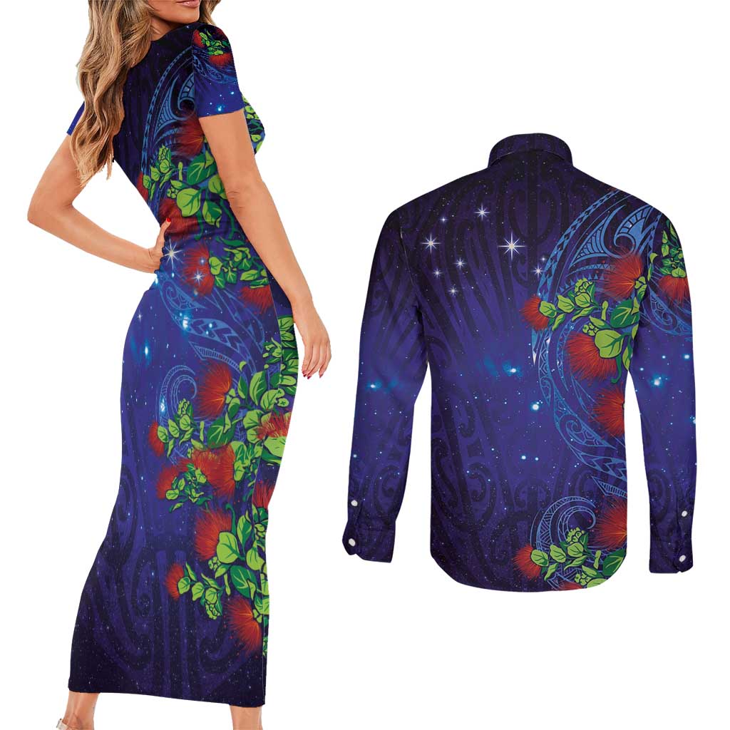 Matariki New Zealand Maori and Pohutukawa Couples Matching Short Sleeve Bodycon Dress and Long Sleeve Button Shirt Galaxy Blue Sky Style