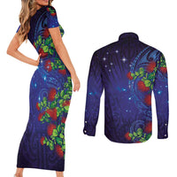 Matariki New Zealand Maori and Pohutukawa Couples Matching Short Sleeve Bodycon Dress and Long Sleeve Button Shirt Galaxy Blue Sky Style