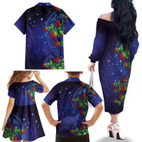 Matariki New Zealand Maori and Pohutukawa Family Matching Off The Shoulder Long Sleeve Dress and Hawaiian Shirt Galaxy Blue Sky Style