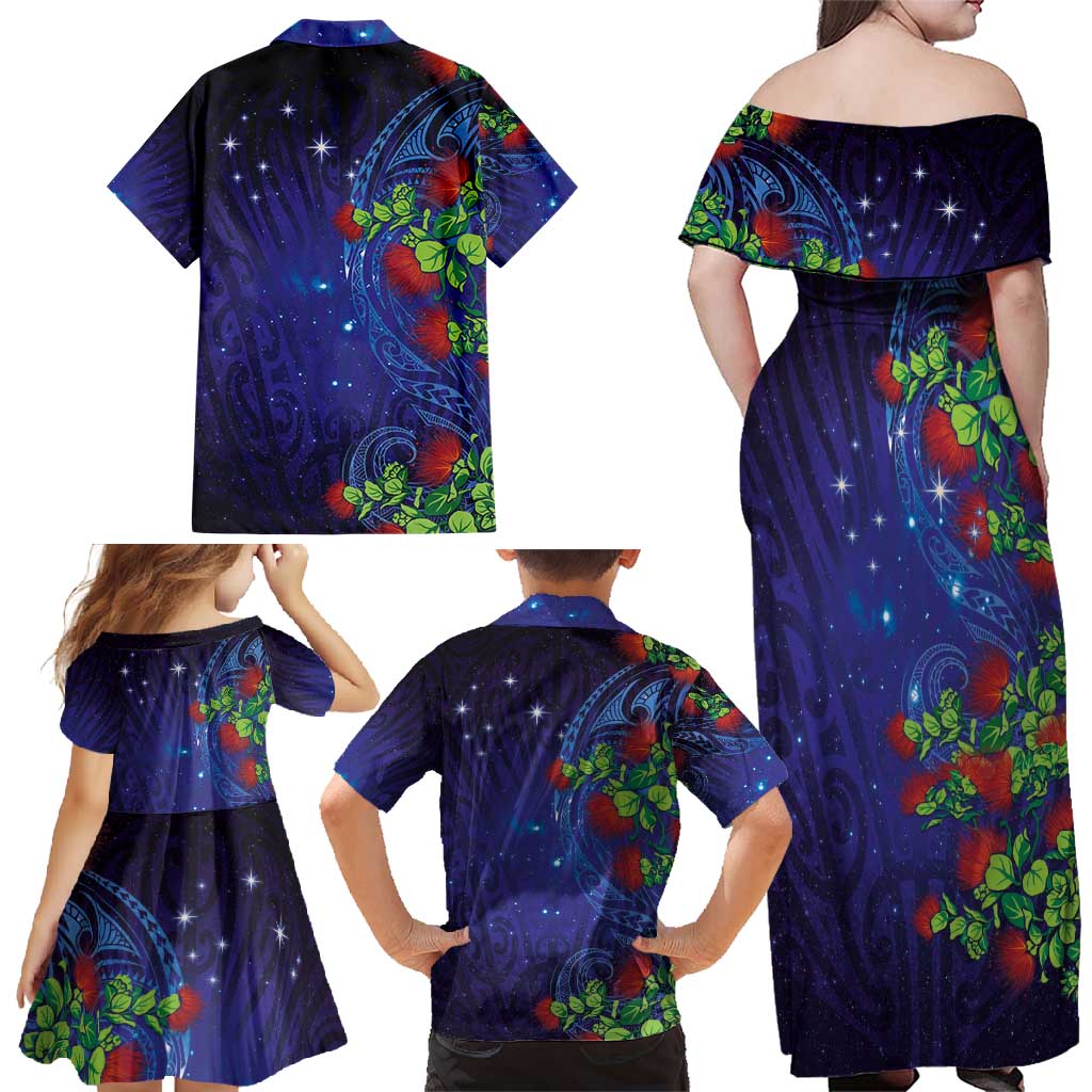 Matariki New Zealand Maori and Pohutukawa Family Matching Off Shoulder Maxi Dress and Hawaiian Shirt Galaxy Blue Sky Style
