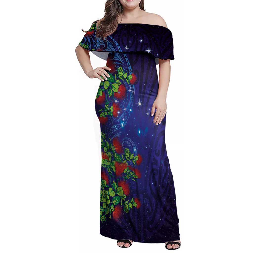 Matariki New Zealand Maori and Pohutukawa Family Matching Off Shoulder Maxi Dress and Hawaiian Shirt Galaxy Blue Sky Style