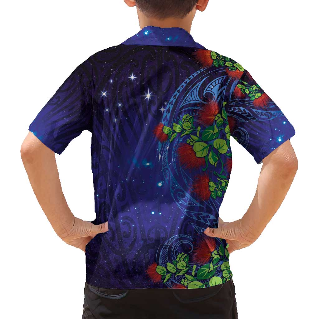 Matariki New Zealand Maori and Pohutukawa Family Matching Off Shoulder Short Dress and Hawaiian Shirt Galaxy Blue Sky Style