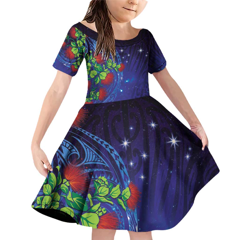 Matariki New Zealand Maori and Pohutukawa Family Matching Off Shoulder Short Dress and Hawaiian Shirt Galaxy Blue Sky Style