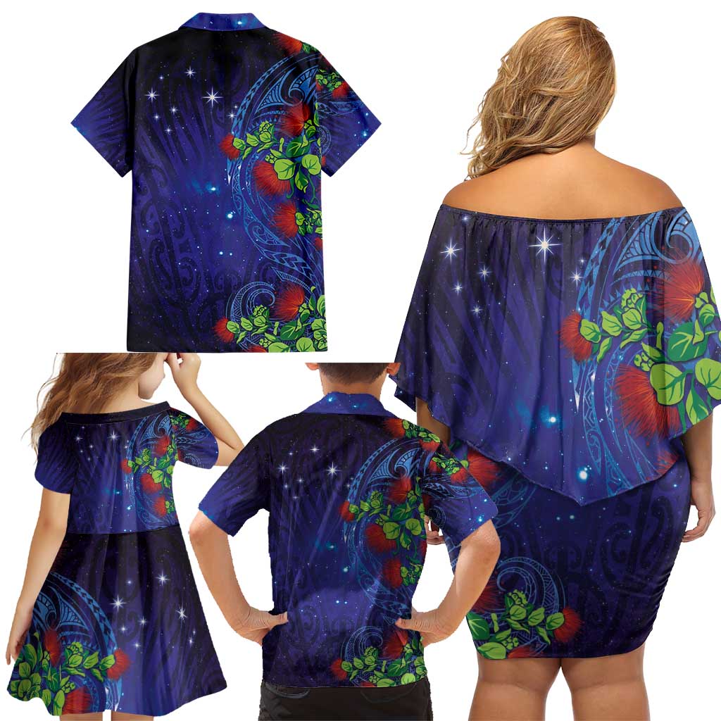 Matariki New Zealand Maori and Pohutukawa Family Matching Off Shoulder Short Dress and Hawaiian Shirt Galaxy Blue Sky Style